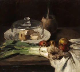 Still Life with Leeks, Apples, and a Cheese Plate with Glass Cover